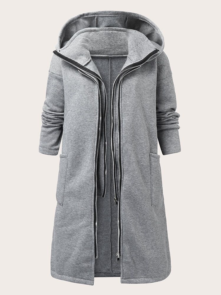 Femmes Solid Zip Front Fakes 2pcs Pocket Hooded Casual Coat