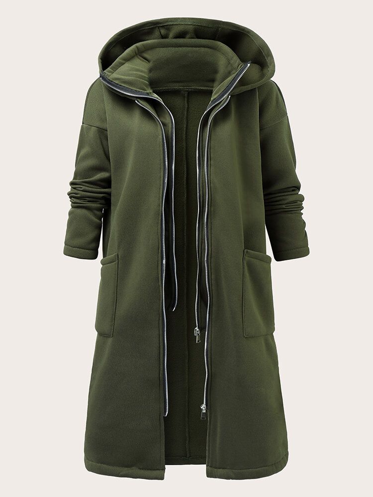 Femmes Solid Zip Front Fakes 2pcs Pocket Hooded Casual Coat