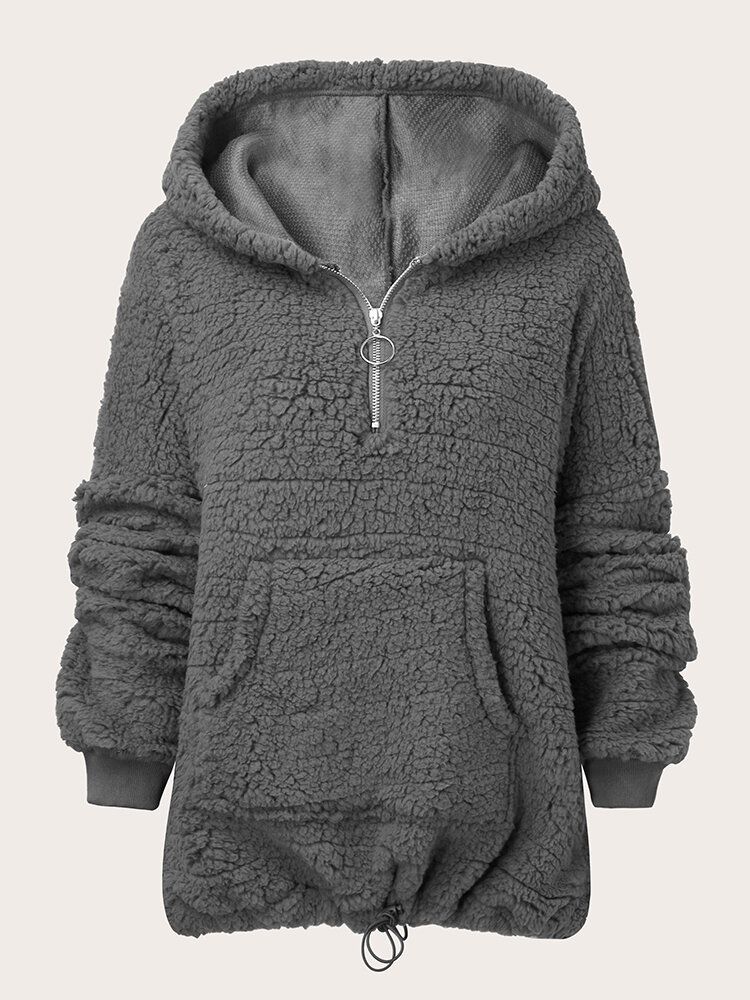 Femmes Solid Zipper Up Plus Size Lamb Pocket Long Sleeve Casual Hoodies