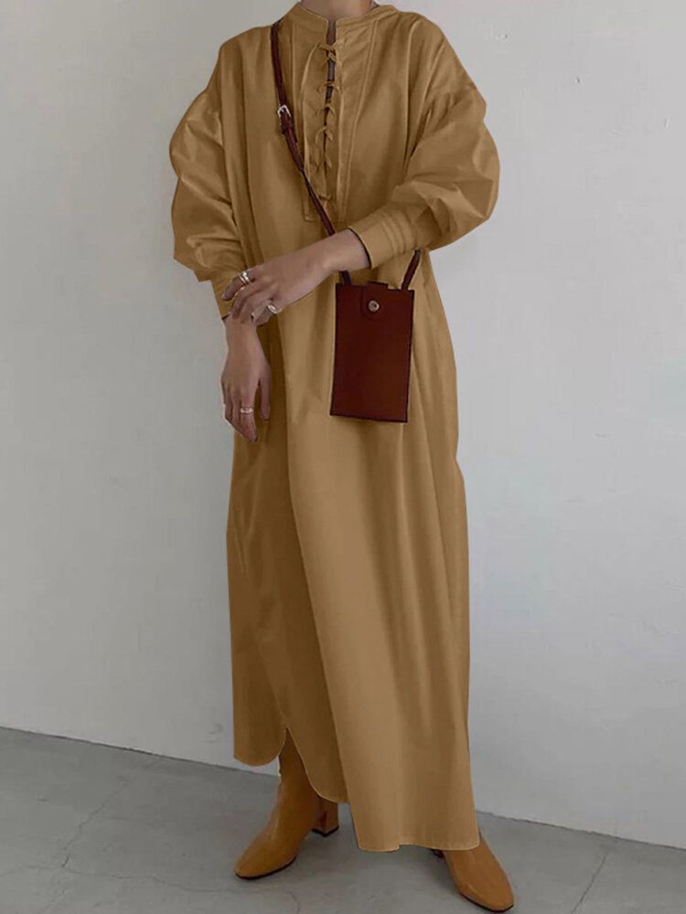 Femmes Solide Cordon Plis Manches Longues Casual Cheville Longueur Maxi Robes