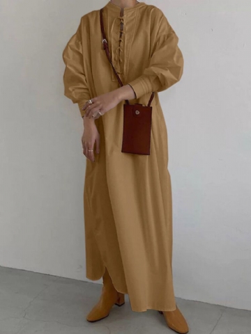 Femmes Solide Cordon Plis Manches Longues Casual Cheville Longueur Maxi Robes