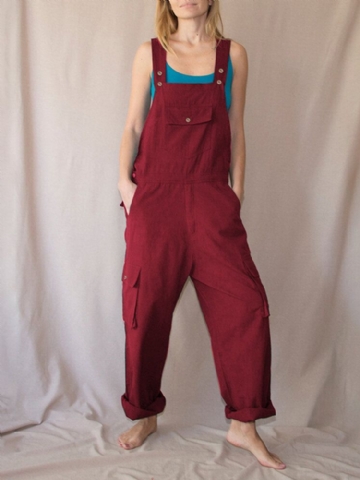 Femmes Solide Couleur Bretelles Bouton Détail Poche Avant Casual Lâche Cargo Jumpsuit