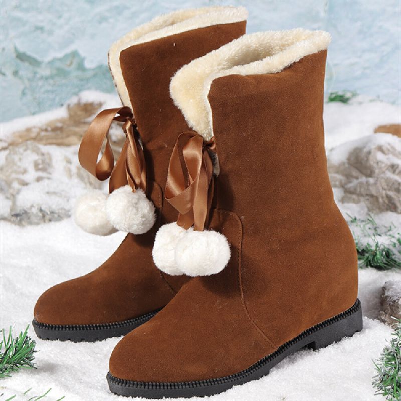 Femmes Solide Couleur Casual Pompon Élégant Bowknot Chaud Fluff Flanging Bottes De Neige