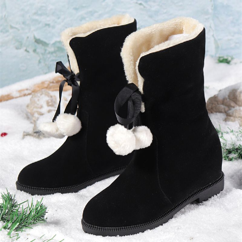 Femmes Solide Couleur Casual Pompon Élégant Bowknot Chaud Fluff Flanging Bottes De Neige