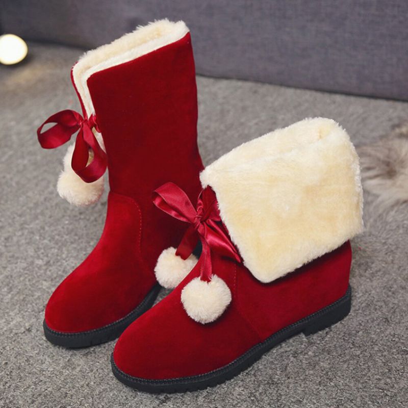 Femmes Solide Couleur Casual Pompon Élégant Bowknot Chaud Fluff Flanging Bottes De Neige