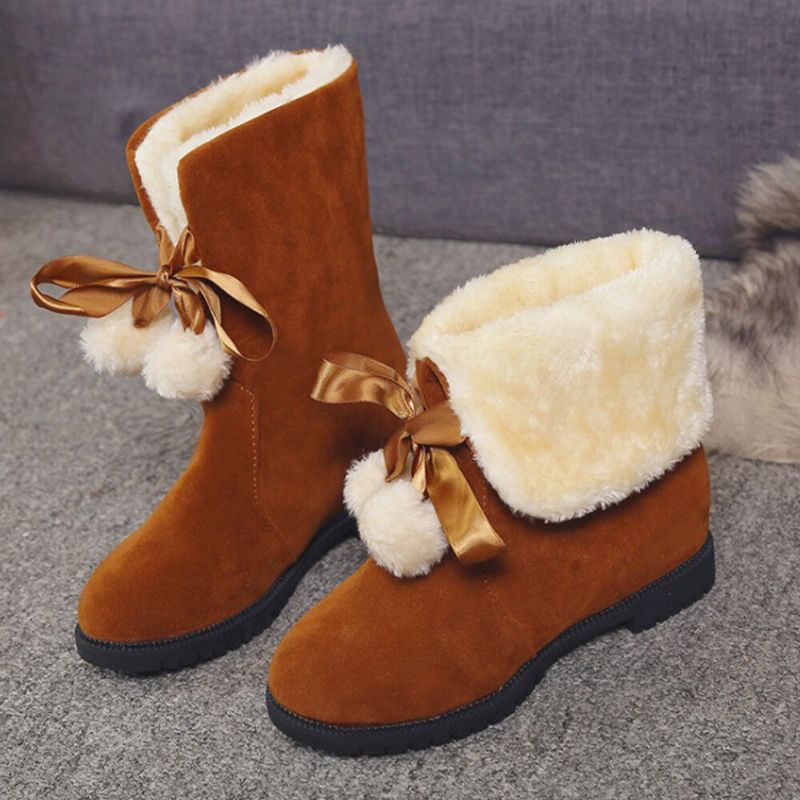 Femmes Solide Couleur Casual Pompon Élégant Bowknot Chaud Fluff Flanging Bottes De Neige