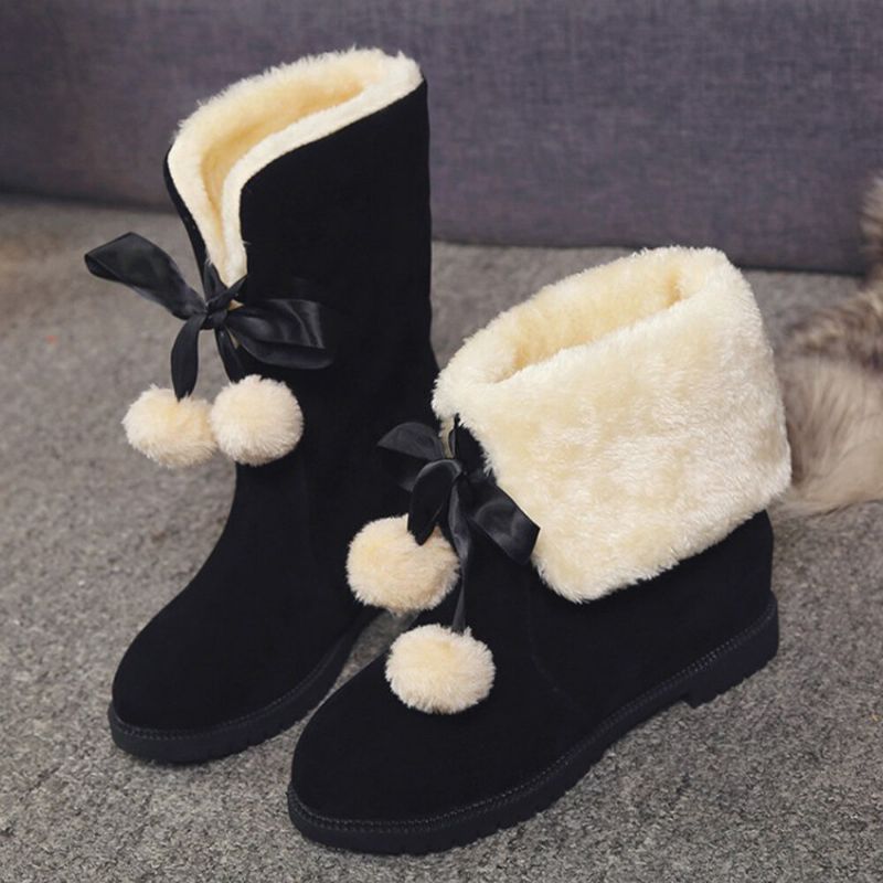 Femmes Solide Couleur Casual Pompon Élégant Bowknot Chaud Fluff Flanging Bottes De Neige