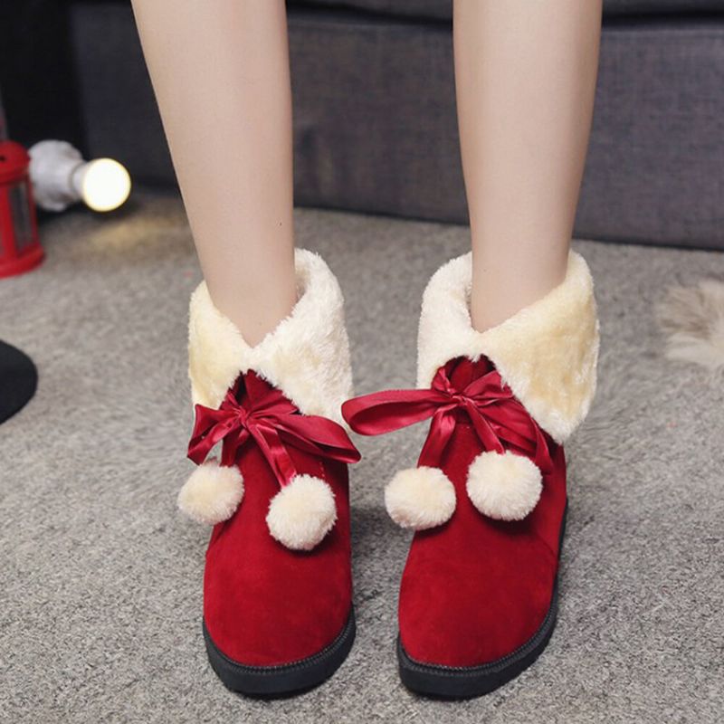 Femmes Solide Couleur Casual Pompon Élégant Bowknot Chaud Fluff Flanging Bottes De Neige