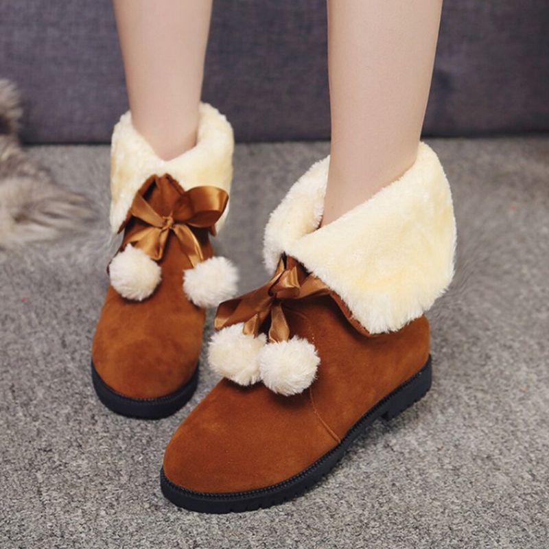 Femmes Solide Couleur Casual Pompon Élégant Bowknot Chaud Fluff Flanging Bottes De Neige