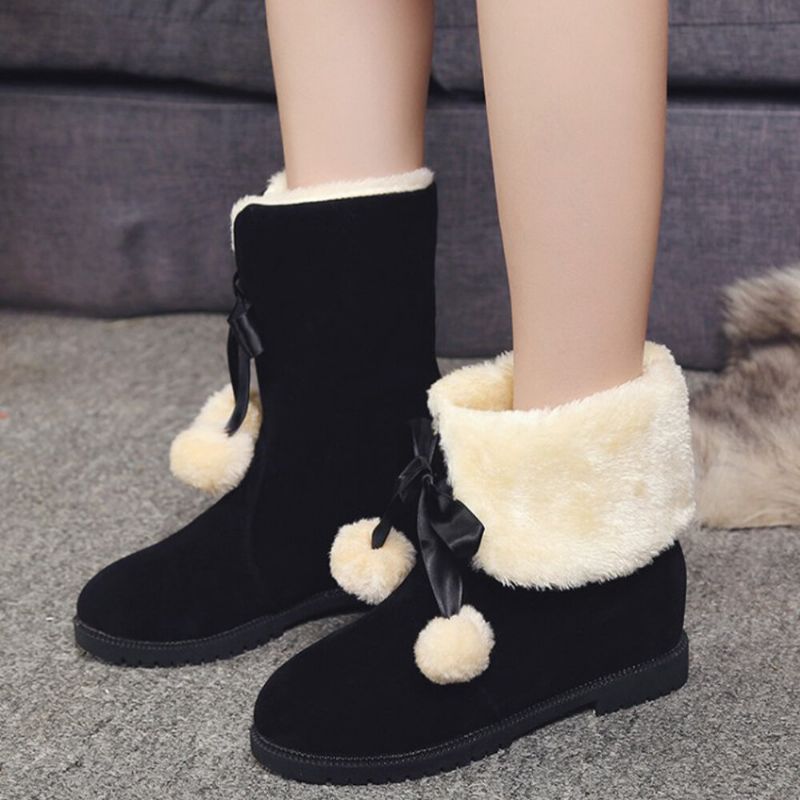 Femmes Solide Couleur Casual Pompon Élégant Bowknot Chaud Fluff Flanging Bottes De Neige