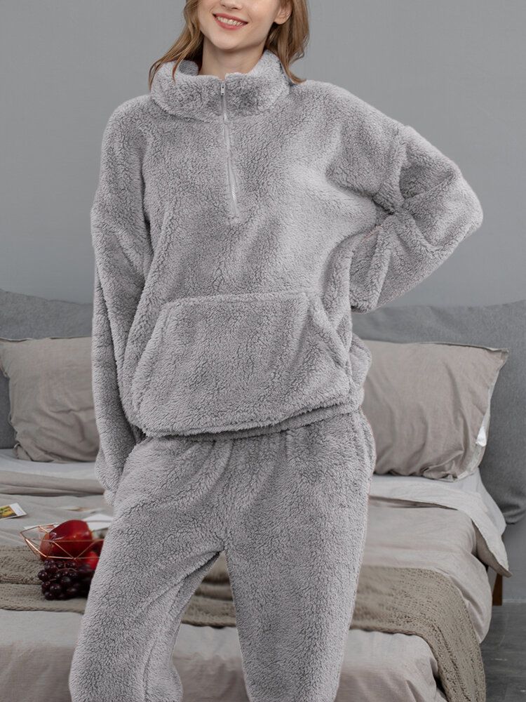 Femmes Solide Couleur En Peluche Fluffy Poche Kangourou Pull Jogger Pantalon Maison Pyjama Ensemble