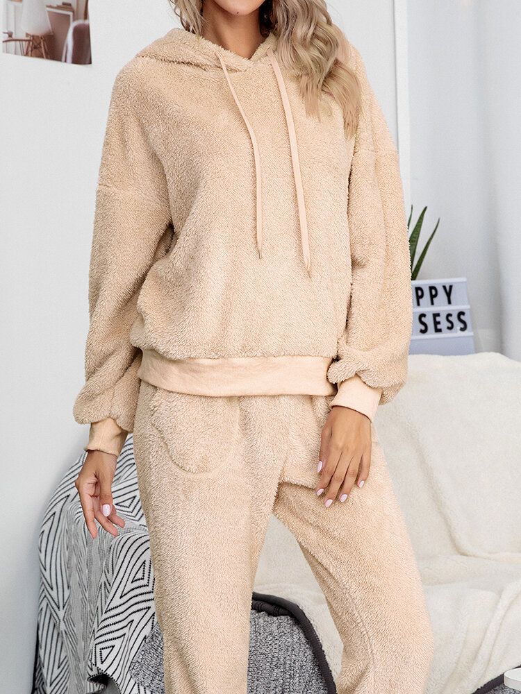 Femmes Solide Couleur Polaire Pull À Capuche Jogger Pantalon Deux Pièces Maison Fuzzy Pyjama Ensemble