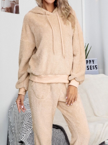 Femmes Solide Couleur Polaire Pull À Capuche Jogger Pantalon Deux Pièces Maison Fuzzy Pyjama Ensemble