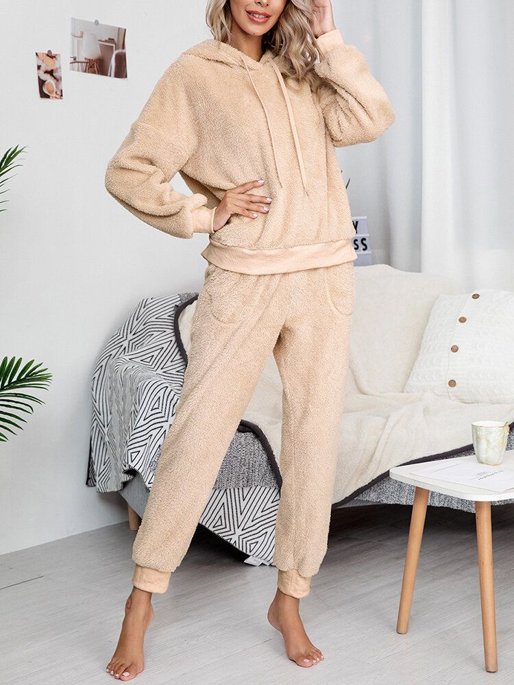 Femmes Solide Couleur Polaire Pull À Capuche Jogger Pantalon Deux Pièces Maison Fuzzy Pyjama Ensemble