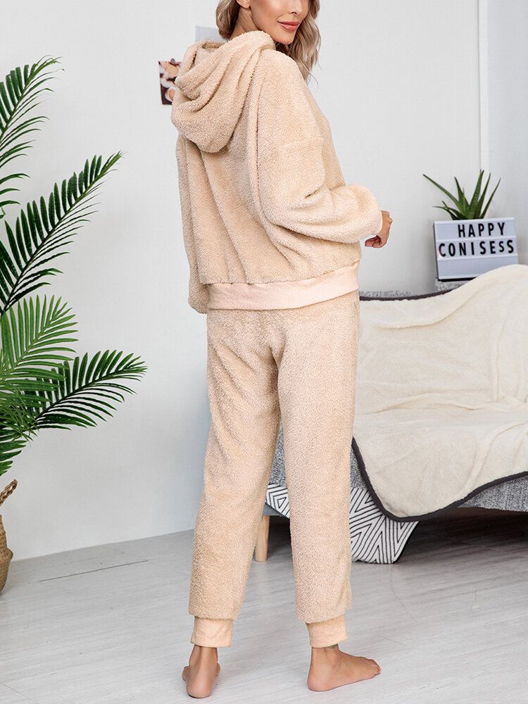 Femmes Solide Couleur Polaire Pull À Capuche Jogger Pantalon Deux Pièces Maison Fuzzy Pyjama Ensemble