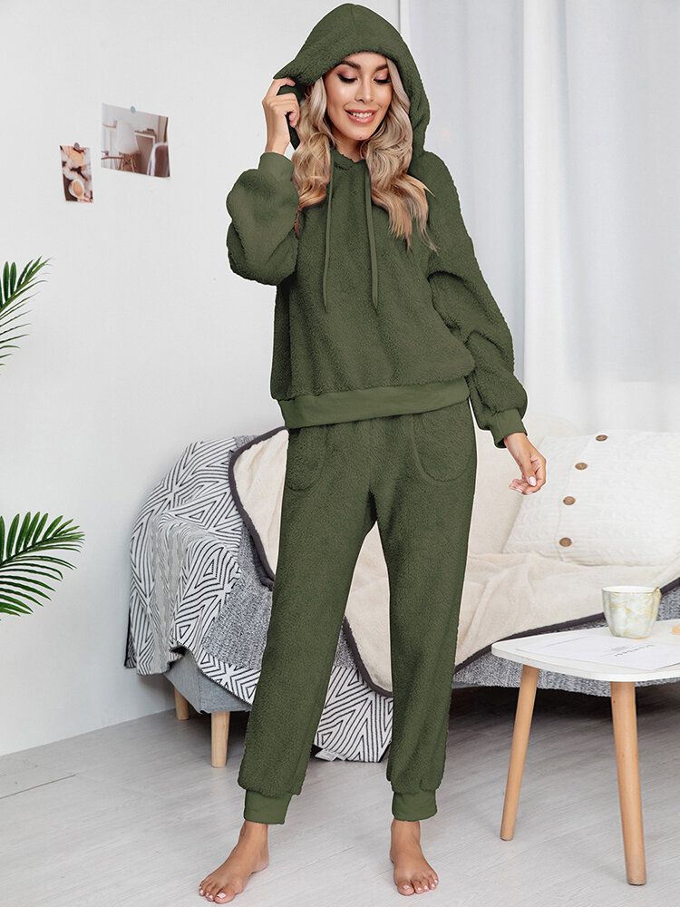 Femmes Solide Couleur Polaire Pull À Capuche Jogger Pantalon Deux Pièces Maison Fuzzy Pyjama Ensemble