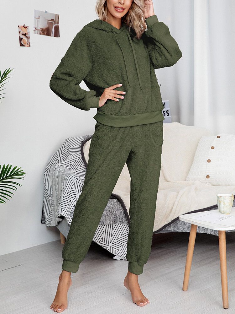 Femmes Solide Couleur Polaire Pull À Capuche Jogger Pantalon Deux Pièces Maison Fuzzy Pyjama Ensemble