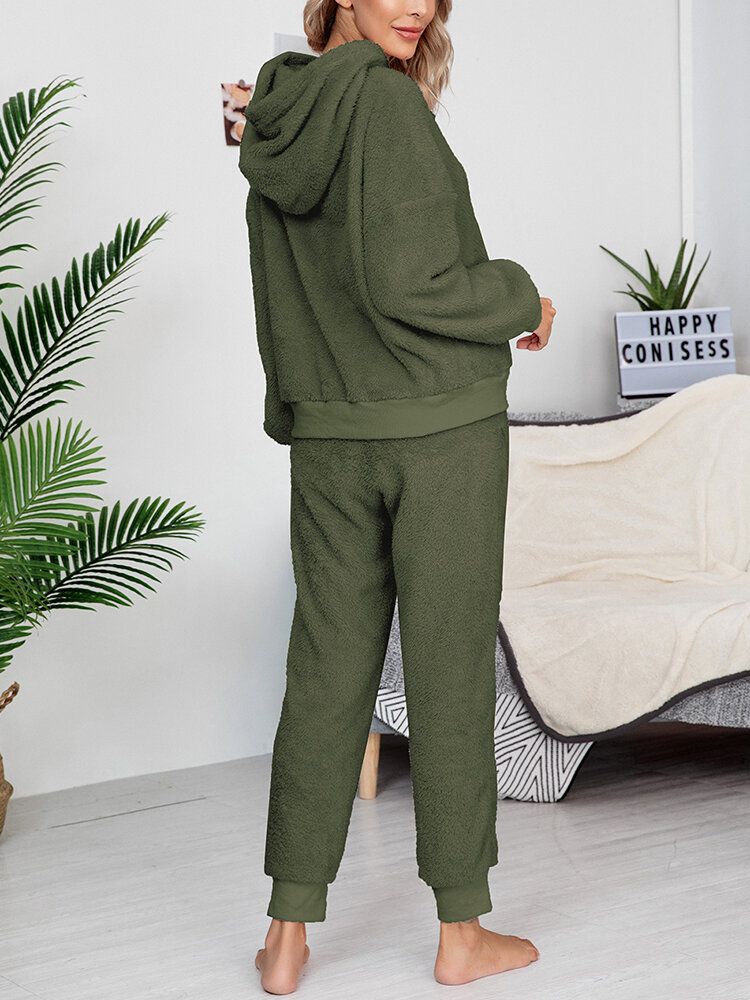 Femmes Solide Couleur Polaire Pull À Capuche Jogger Pantalon Deux Pièces Maison Fuzzy Pyjama Ensemble