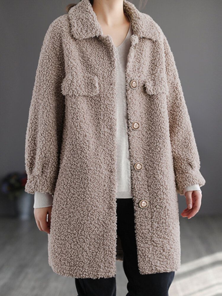 Femmes Solide Lâche Casual Teddy Velours Laine Quotidien Loisirs Rétro Revers Moyen Long Manteau