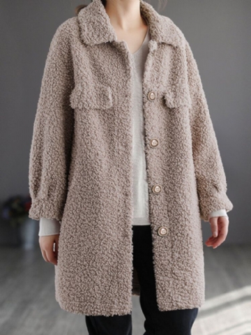 Femmes Solide Lâche Casual Teddy Velours Laine Quotidien Loisirs Rétro Revers Moyen Long Manteau