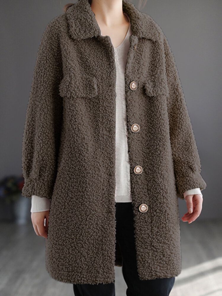 Femmes Solide Lâche Casual Teddy Velours Laine Quotidien Loisirs Rétro Revers Moyen Long Manteau