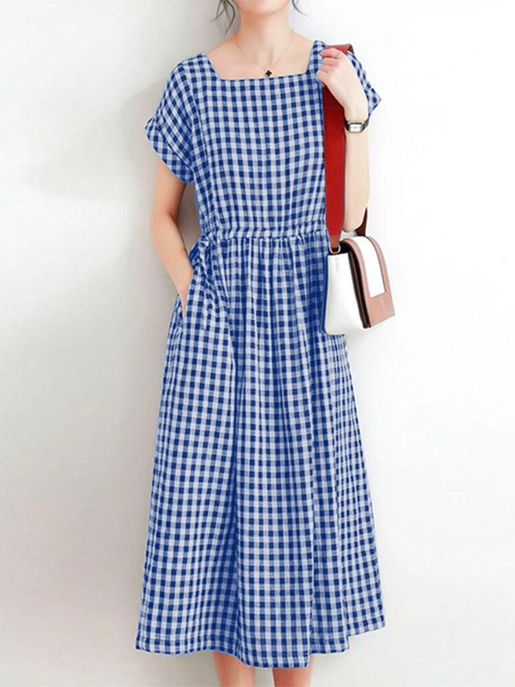 Femmes Squre Neck Plaid Mollet Longueur Poches Latérales Casual Midi Robes