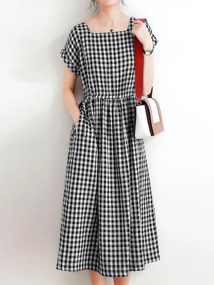 Femmes Squre Neck Plaid Mollet Longueur Poches Latérales Casual Midi Robes