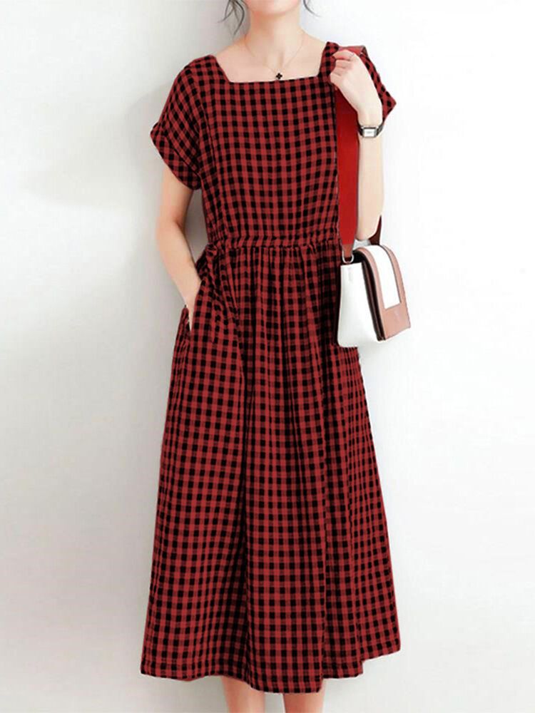 Femmes Squre Neck Plaid Mollet Longueur Poches Latérales Casual Midi Robes