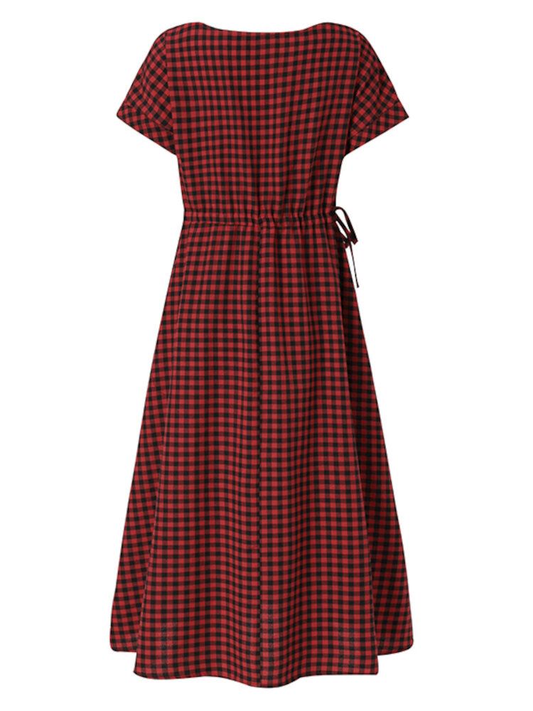 Femmes Squre Neck Plaid Mollet Longueur Poches Latérales Casual Midi Robes