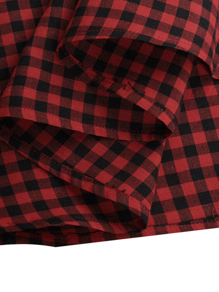 Femmes Squre Neck Plaid Mollet Longueur Poches Latérales Casual Midi Robes