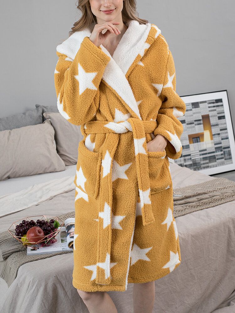 Femmes Star Print Fleece Thick Lace-up Double Pockets Casual Home Warm Hooded Robes