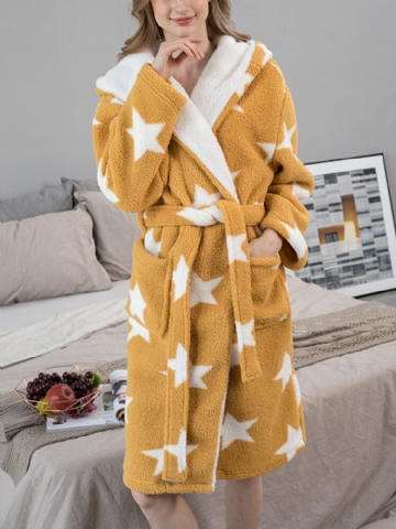 Femmes Star Print Fleece Thick Lace-up Double Pockets Casual Home Warm Hooded Robes