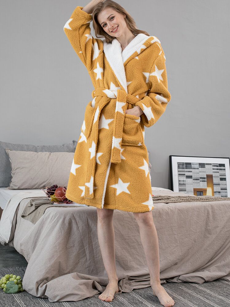 Femmes Star Print Fleece Thick Lace-up Double Pockets Casual Home Warm Hooded Robes