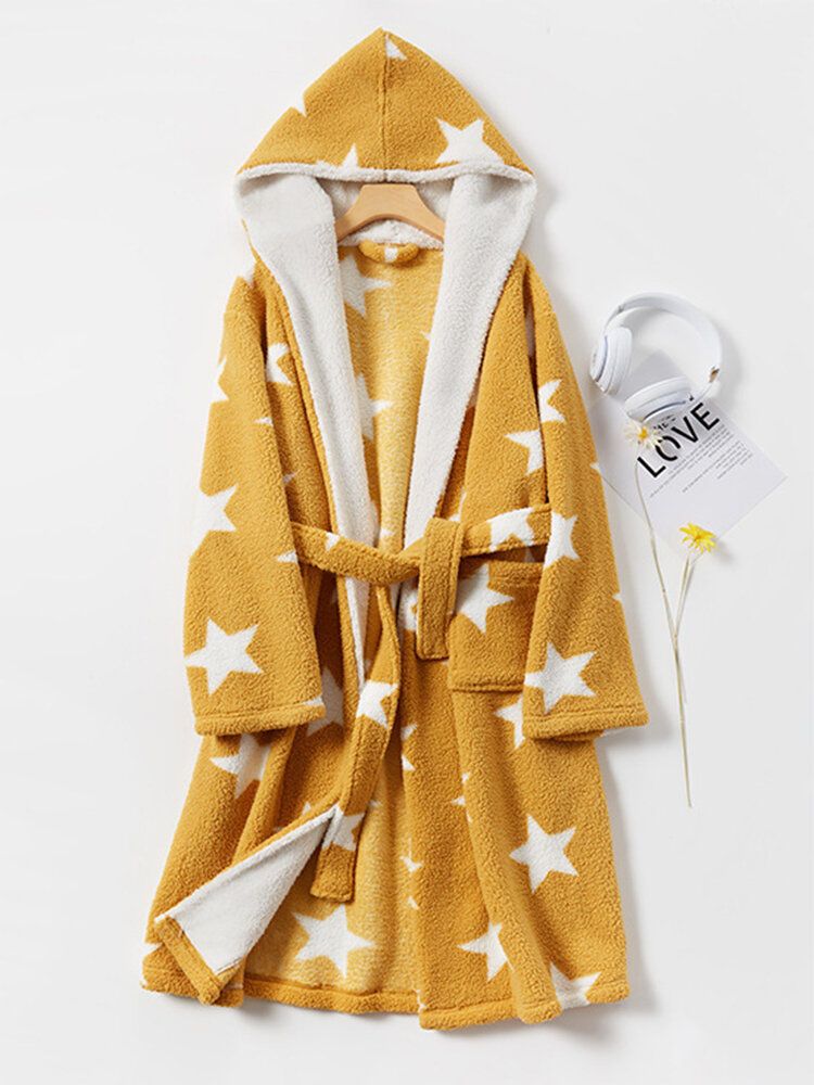 Femmes Star Print Fleece Thick Lace-up Double Pockets Casual Home Warm Hooded Robes