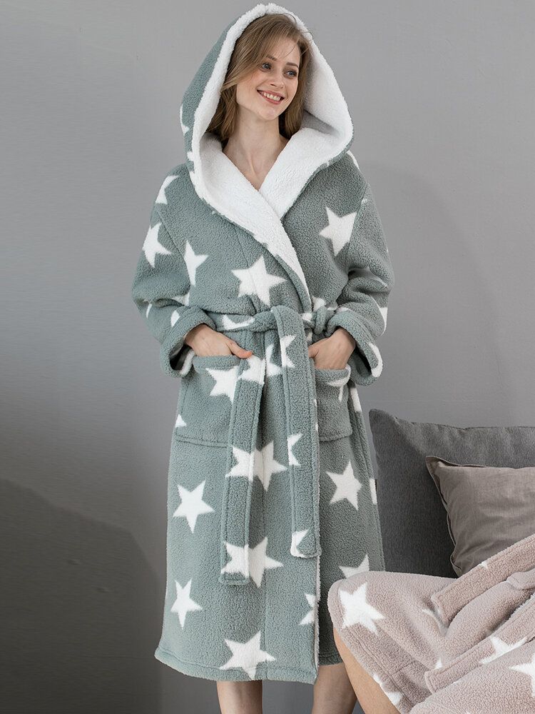 Femmes Star Print Fleece Thick Lace-up Double Pockets Casual Home Warm Hooded Robes