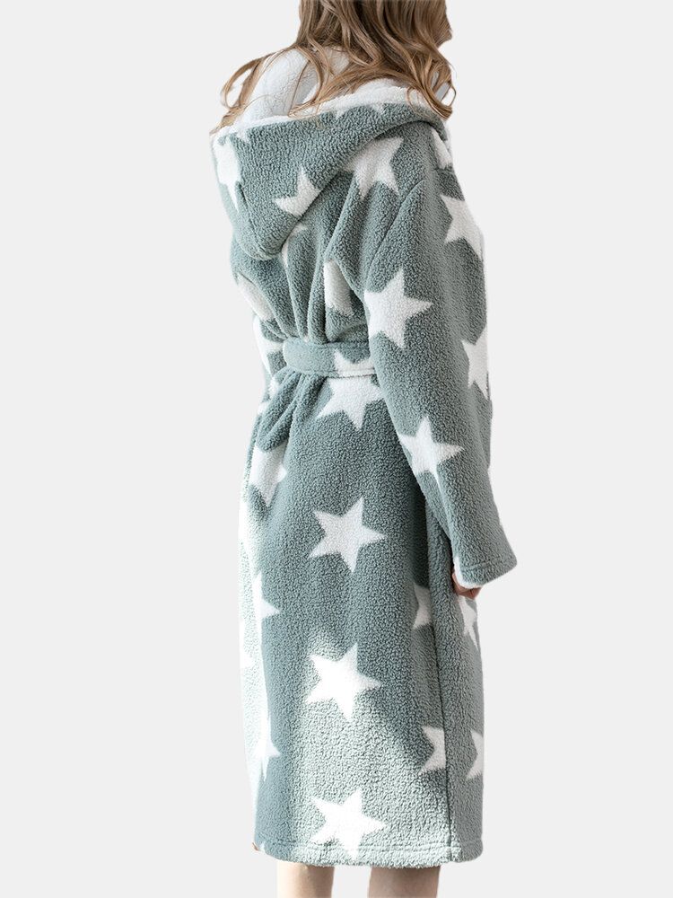 Femmes Star Print Fleece Thick Lace-up Double Pockets Casual Home Warm Hooded Robes