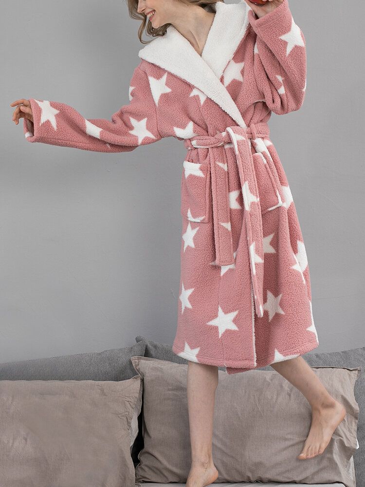 Femmes Star Print Fleece Thick Lace-up Double Pockets Casual Home Warm Hooded Robes