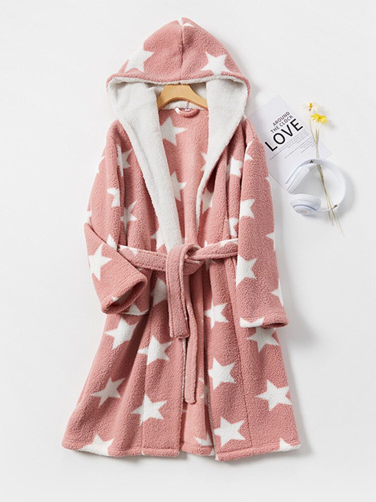 Femmes Star Print Fleece Thick Lace-up Double Pockets Casual Home Warm Hooded Robes