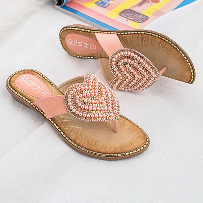 Femmes Strass Coeur Forme Décor Clip Toe Sandales Plates