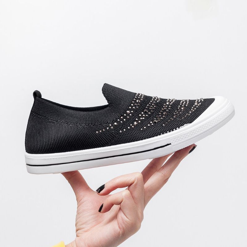 Femmes Strass Décor Tricoté Confortable Respirant Casual Slip On Sneakers