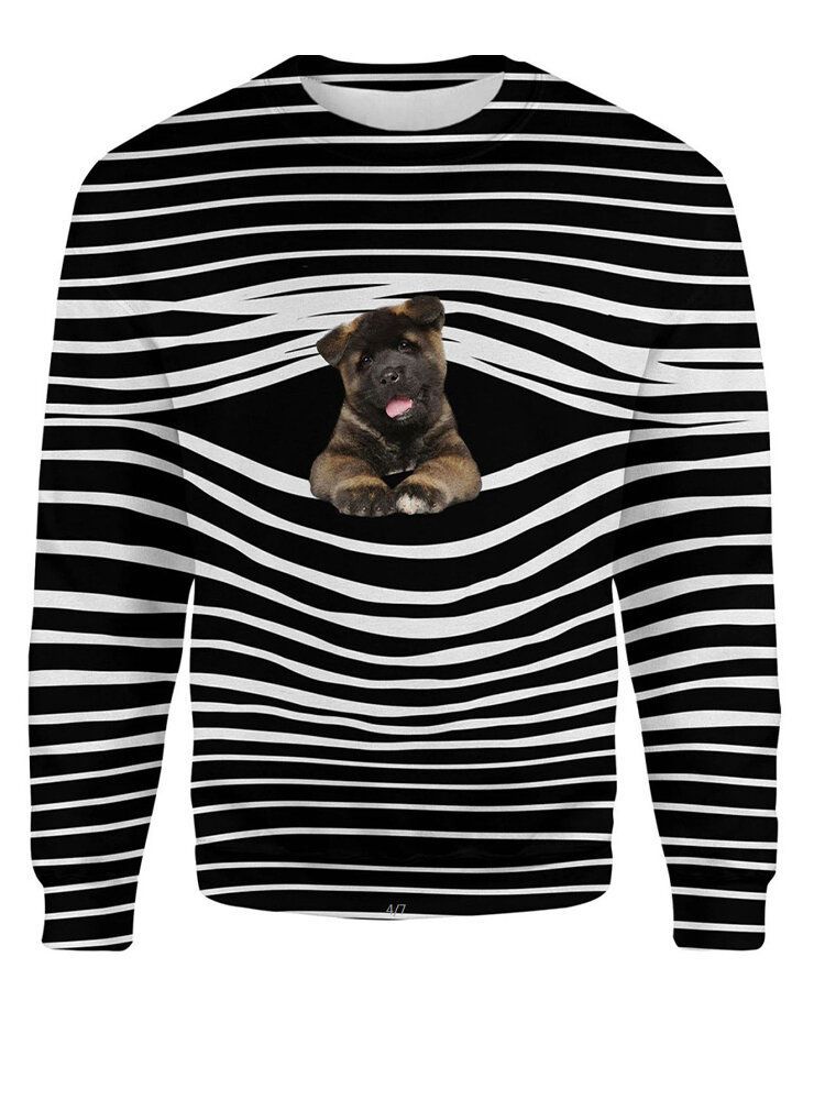 Femmes Stripe 3d Dog Print Pull O-cou Manches Longues Casual Sweatshirts