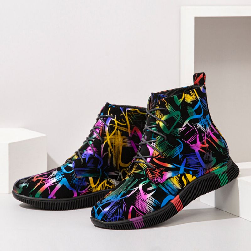 Femmes Stytish Colorful Graffiti Lace Up Short Calf Combat Boots