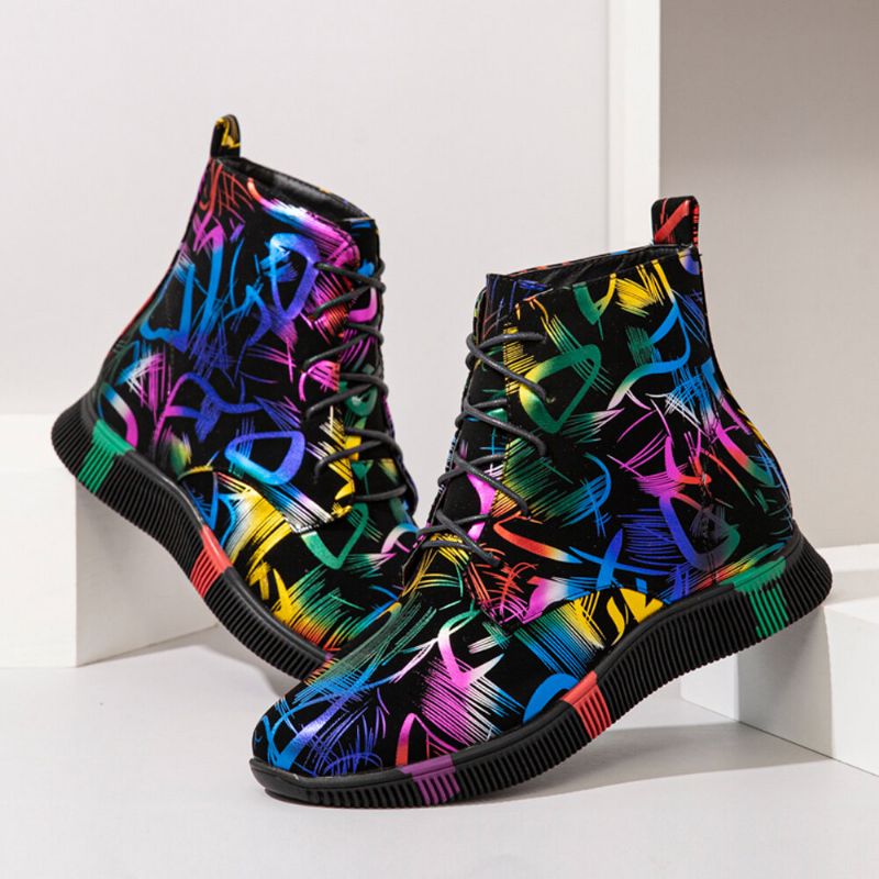 Femmes Stytish Colorful Graffiti Lace Up Short Calf Combat Boots