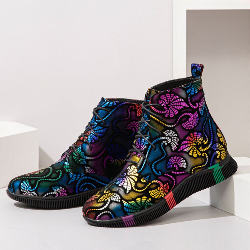 Femmes Stytish Colorful Graffiti Lace Up Short Calf Combat Boots