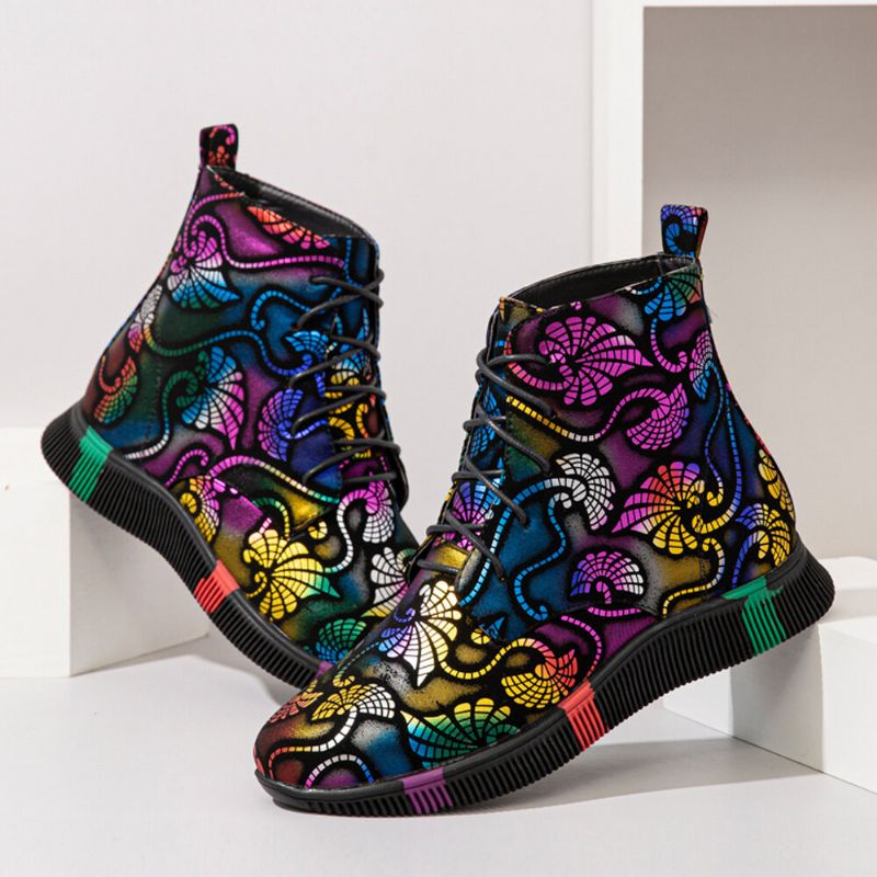 Femmes Stytish Colorful Graffiti Lace Up Short Calf Combat Boots