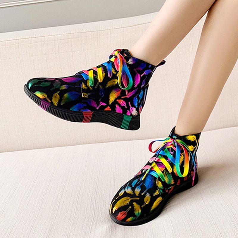 Femmes Stytish Colorful Graffiti Lace Up Short Calf Combat Boots