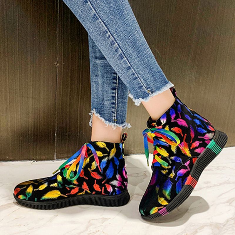 Femmes Stytish Colorful Graffiti Lace Up Short Calf Combat Boots