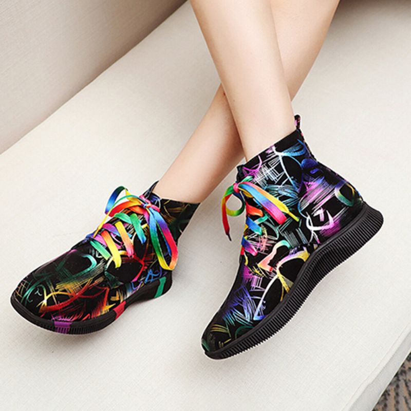 Femmes Stytish Colorful Graffiti Lace Up Short Calf Combat Boots