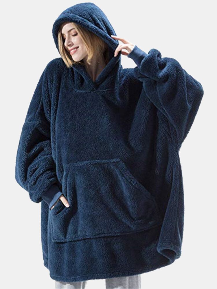 Femmes Surdimensionné Épaissir Chaud Couleur Unie Couverture À Capuche En Peluche Vêtements De Nuit Robe Avec Poche