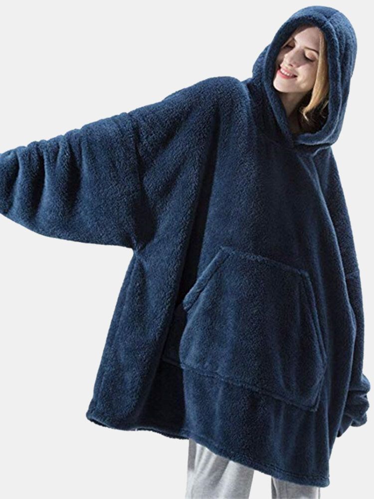 Femmes Surdimensionné Épaissir Chaud Couleur Unie Couverture À Capuche En Peluche Vêtements De Nuit Robe Avec Poche